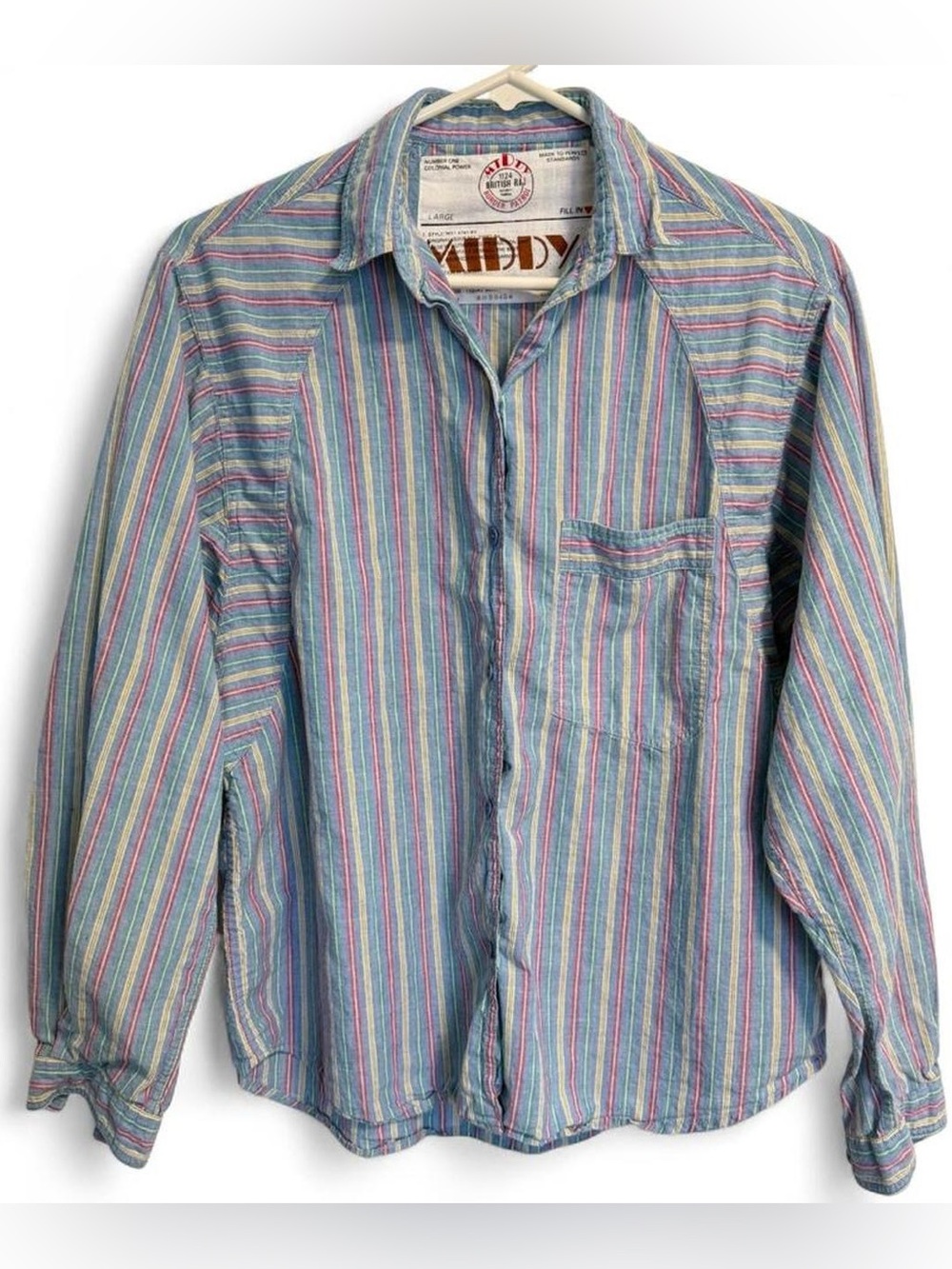 Vintage Middy British Raj blue yellow red green striped button up shirt retro